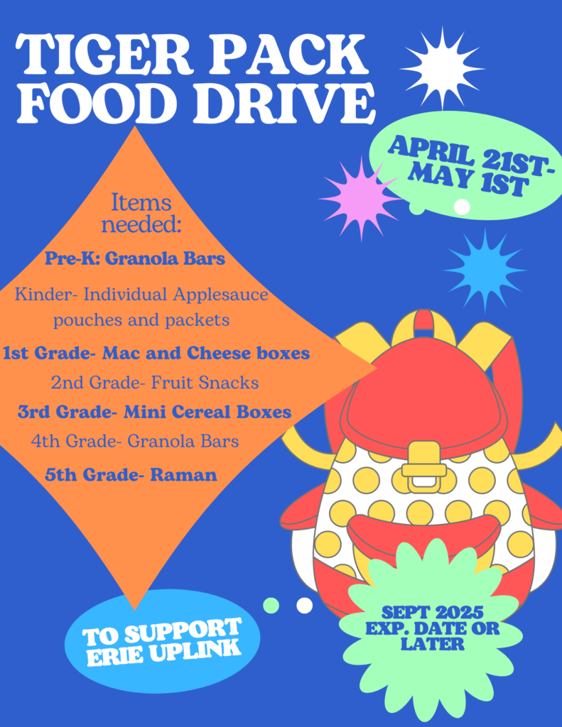 Colorful food drive poster listing needed items for grades Pre-K to 5, supporting Erie Uplink from April 21 to May 1.