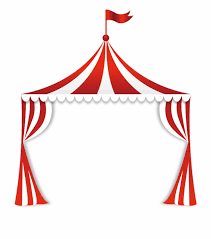 A red and white striped circus tent with a flag on top and flowing curtains.