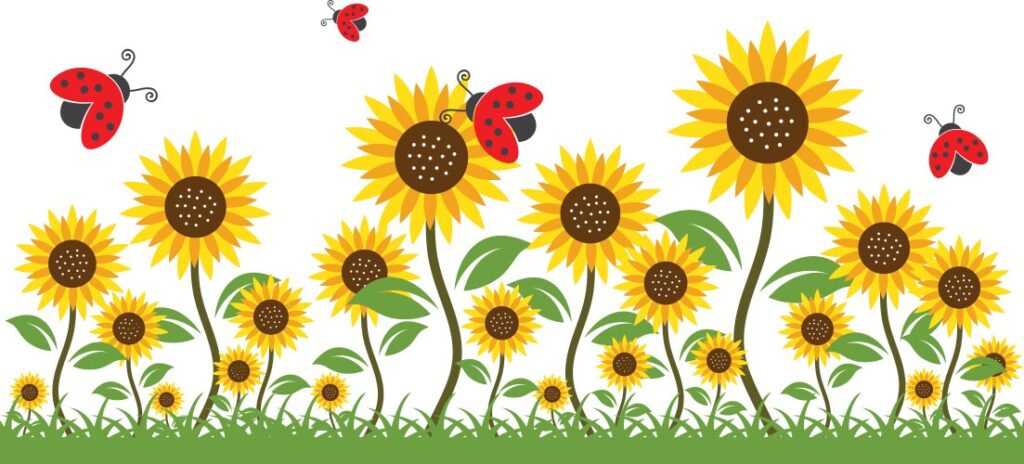 A colorful illustration of sunflowers with ladybugs flying among them, set against a bright background.