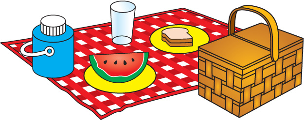 A picnic scene featuring a checkered blanket with a basket, a sandwich, a slice of watermelon, a drink, and a glass.